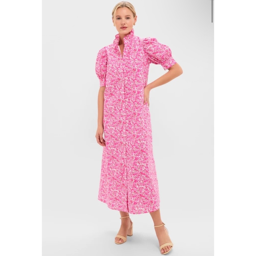Hyacinth House Pink Poppy Floral Ruffle Neck Puff Sleeve Midi Dress Small NWT